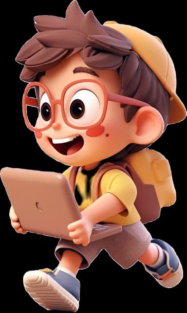 An illustration of a 3D character standing in motion, as if running, holding a laptop, wearing stylish glasses, a backpack, and a backwards cap, projecting a tech-savvy and adventurous persona
